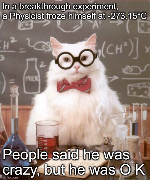 Kelvin pun | In a breakthrough experiment, a Physicist froze himself at -273.15°C; People said he was crazy, but he was O K | image tagged in science cat physics,kelvin,physics,frozen | made w/ Imgflip meme maker