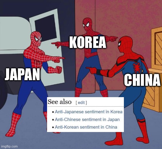 China japan korea blaming each other | KOREA; JAPAN; CHINA | image tagged in spider man triple,china,korea,japan | made w/ Imgflip meme maker