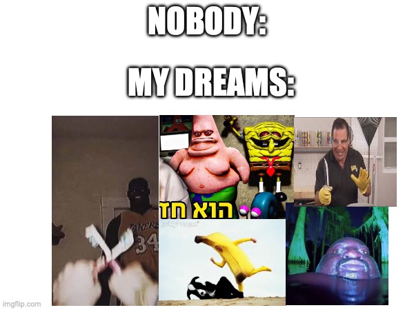 goofy ahh dreams | NOBODY:; MY DREAMS: | image tagged in dank memes,funny memes,dream,dreams,dank | made w/ Imgflip meme maker