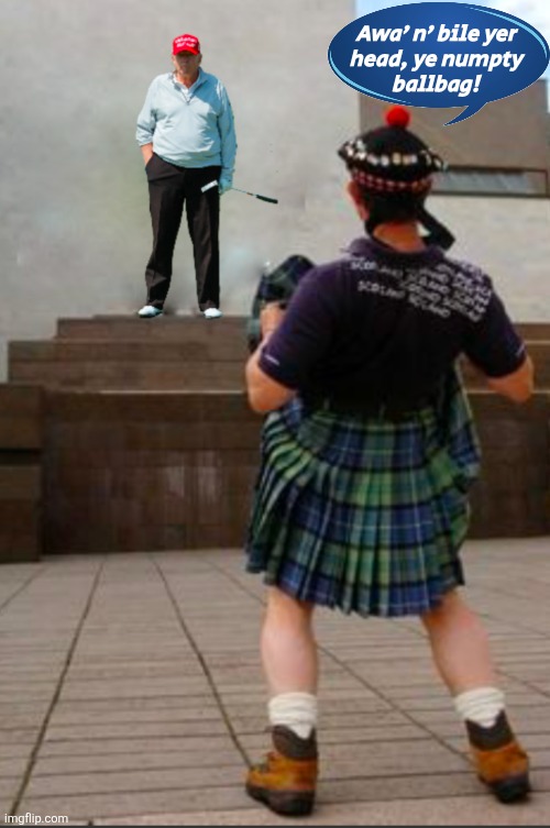 Scotland Endures Trump, Mostly | Awa’ n’ bile yer
head, ye numpty
ballbag! | image tagged in trump,scotland,umpopular,numpty,ballbag | made w/ Imgflip meme maker