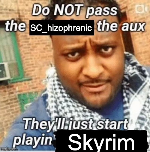Do not pass the X the aux They’ll just start playin Y | SC_hizophrenic; Skyrim | image tagged in do not pass the x the aux they ll just start playin y | made w/ Imgflip meme maker