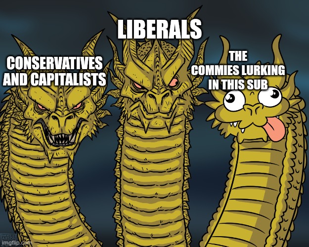 King Ghidorah | LIBERALS; THE COMMIES LURKING IN THIS SUB; CONSERVATIVES AND CAPITALISTS | image tagged in king ghidorah | made w/ Imgflip meme maker