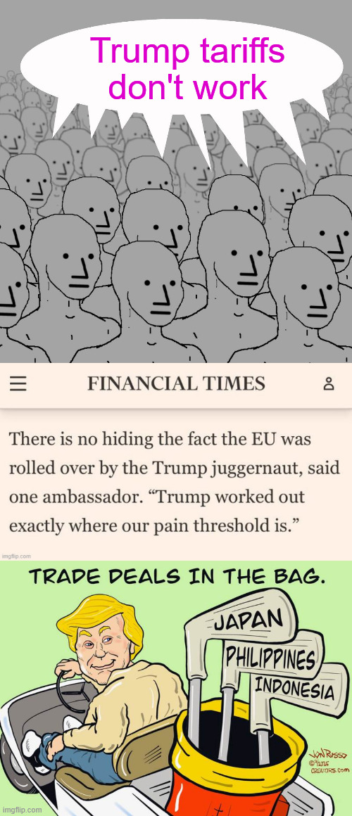 Because hating Trump is more important to the MSM cult | Trump tariffs don't work | image tagged in npc-crowd,msm cult,true believers | made w/ Imgflip meme maker