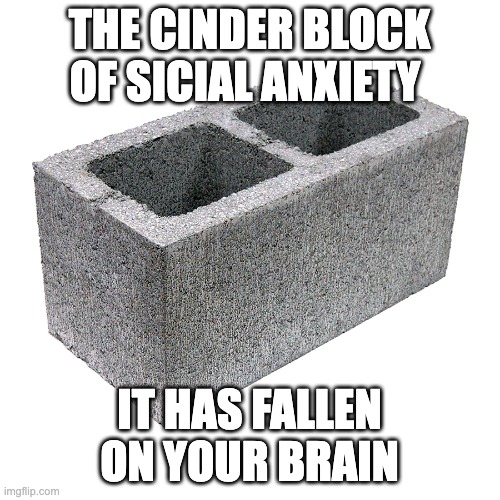 Cinder block concrete block cement brick | THE CINDER BLOCK OF SICIAL ANXIETY IT HAS FALLEN ON YOUR BRAIN | image tagged in cinder block concrete block cement brick | made w/ Imgflip meme maker