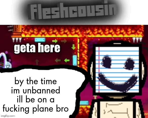 Fleshcousin temp 2.0 | geta here; by the time im unbanned ill be on a fucking plane bro | image tagged in fleshcousin temp 2 0 | made w/ Imgflip meme maker