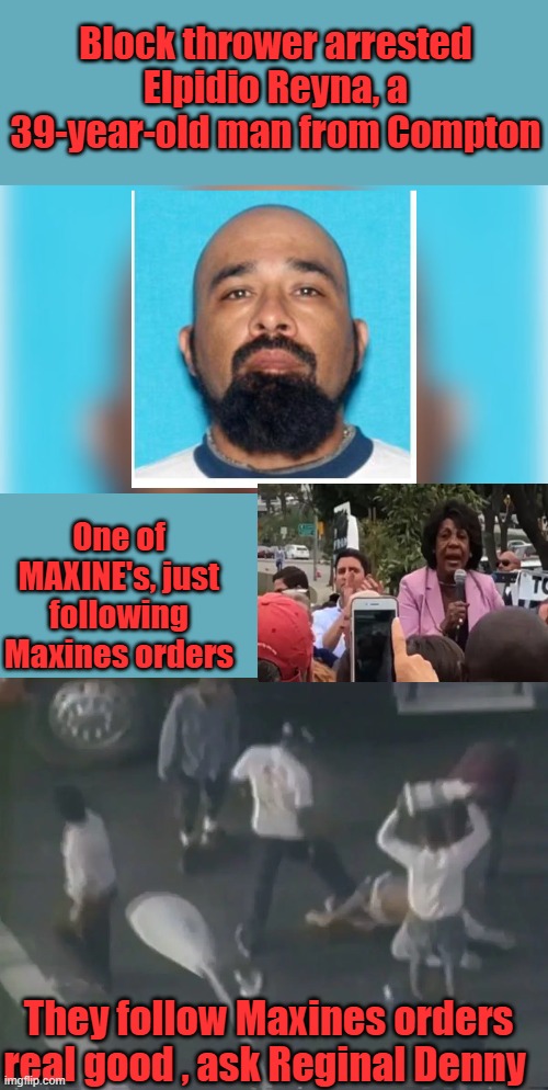Block thrower arrested
Elpidio Reyna, a 39-year-old man from Compton; One of MAXINE's, just following Maxines orders; They follow Maxines orders real good , ask Reginal Denny | made w/ Imgflip meme maker