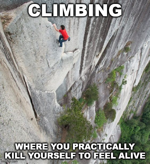 This is free solo climbing | CLIMBING; WHERE YOU PRACTICALLY KILL YOURSELF TO FEEL ALIVE | image tagged in pro climber,lattice climbing,free solo,klettern,climbing memes,extreme sports | made w/ Imgflip meme maker
