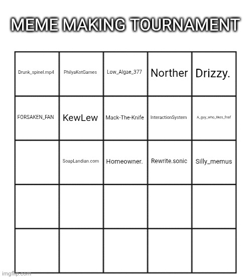 Only a few spots left! | MEME MAKING TOURNAMENT; PhilyaKotGames; Low_Algae_377; Drizzy. Drunk_spinel.mp4; Norther; KewLew; A_guy_who_likes_fnaf; Mack-The-Knife; InteractionSystem; FORSAKEN_FAN; SoapLandian.com; Homeowner. Rewrite.sonic; Silly_memus | made w/ Imgflip meme maker