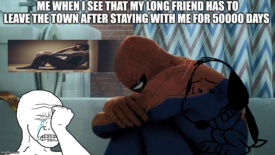 Shower meme before the meme contest | ME WHEN I SEE THAT MY LONG FRIEND HAS TO LEAVE THE TOWN AFTER STAYING WITH ME FOR 50000 DAYS | image tagged in spider-man crying in the shower | made w/ Imgflip meme maker