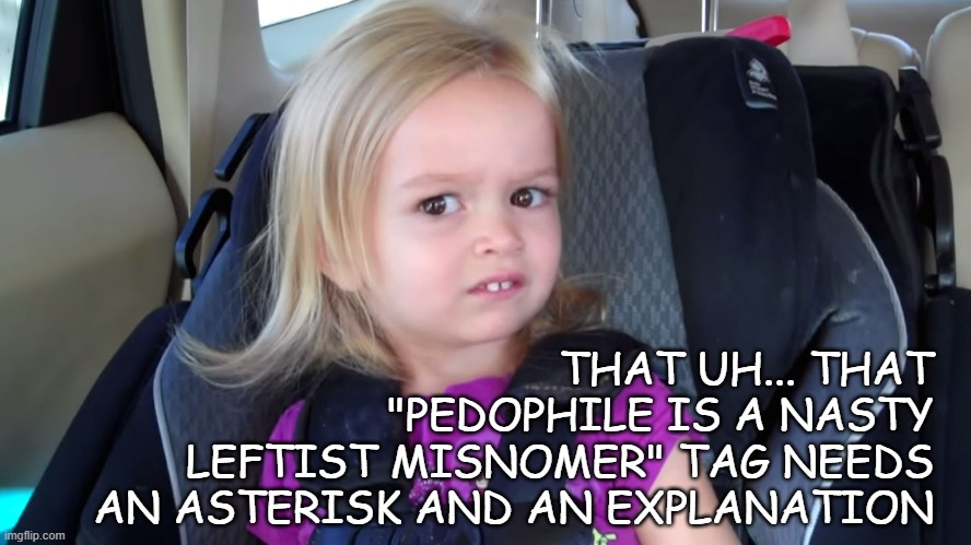 girl in car seat | THAT UH... THAT
"PEDOPHILE IS A NASTY
LEFTIST MISNOMER" TAG NEEDS
AN ASTERISK AND AN EXPLANATION | image tagged in girl in car seat | made w/ Imgflip meme maker