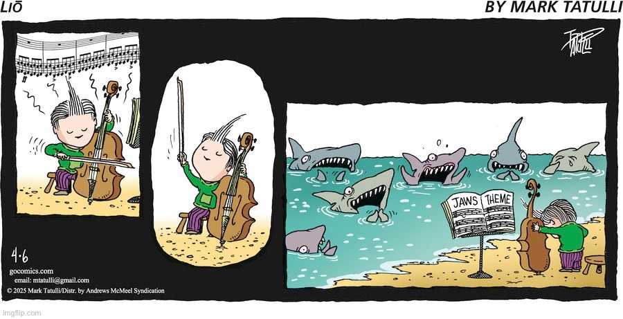 image tagged in comics,lio,sharks,jaws theme | made w/ Imgflip meme maker