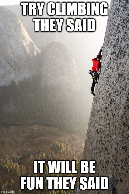 Try climbing they said | TRY CLIMBING THEY SAID; IT WILL BE FUN THEY SAID | image tagged in lattice climbing,free climbing,klettern,climbing,meme,memes | made w/ Imgflip meme maker