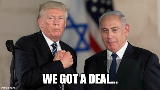 Trump and Netanyahu Bro Shake | WE GOT A DEAL... | image tagged in trump and netanyahu bro shake | made w/ Imgflip meme maker
