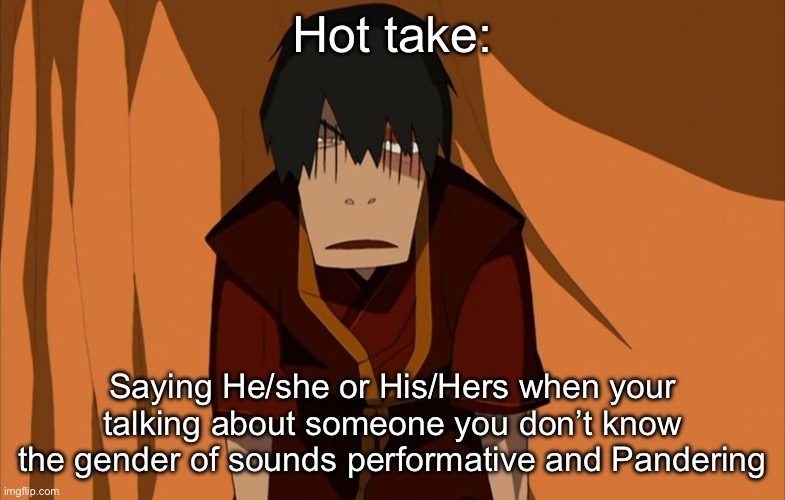 Like just say they | Hot take:; Saying He/she or His/Hers when your talking about someone you don’t know the gender of sounds performative and Pandering | image tagged in zuko flustered | made w/ Imgflip meme maker