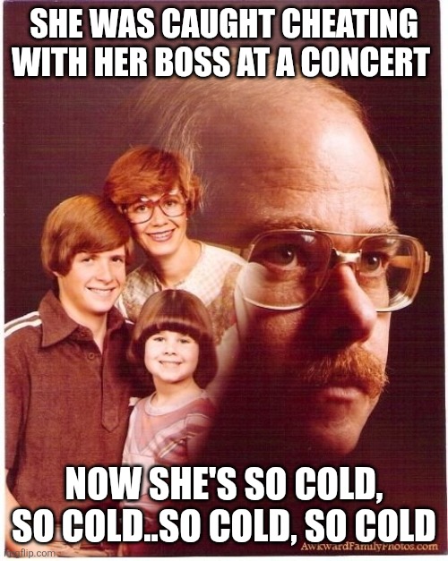Vengeance Dad Meme | SHE WAS CAUGHT CHEATING WITH HER BOSS AT A CONCERT; NOW SHE'S SO COLD, SO COLD..SO COLD, SO COLD | image tagged in memes,vengeance dad | made w/ Imgflip meme maker