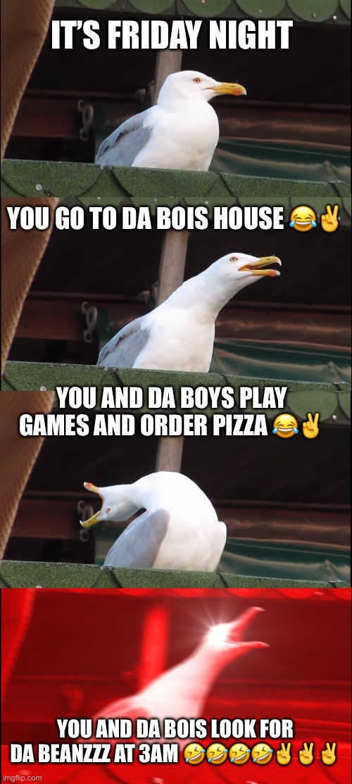 Ts meme so tuff | IT’S FRIDAY NIGHT; YOU GO TO DA BOIS HOUSE 😂✌️; YOU AND DA BOYS PLAY GAMES AND ORDER PIZZA 😂✌️; YOU AND DA BOIS LOOK FOR DA BEANZZZ AT 3AM 🤣🤣🤣🤣✌️✌️✌️ | image tagged in memes,inhaling seagull,beans | made w/ Imgflip meme maker