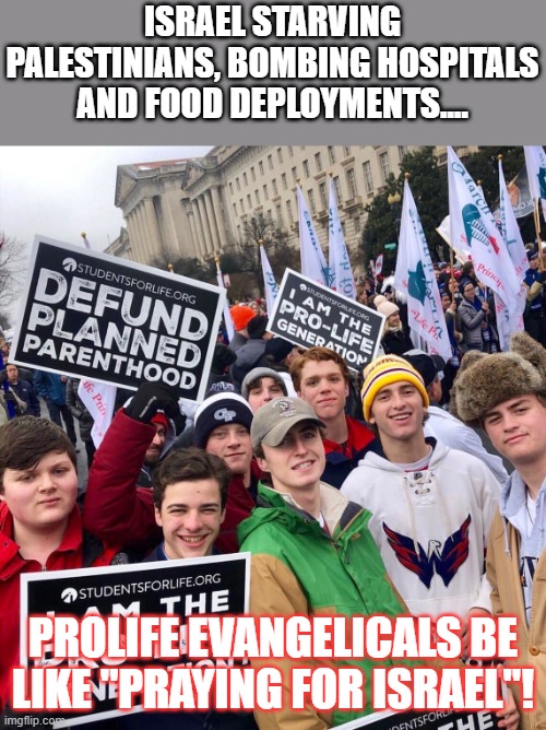 Praying for Israel | ISRAEL STARVING PALESTINIANS, BOMBING HOSPITALS AND FOOD DEPLOYMENTS.... PROLIFE EVANGELICALS BE LIKE "PRAYING FOR ISRAEL"! | image tagged in palestine,israel,maga,donald trump,trump,trump supporter | made w/ Imgflip meme maker
