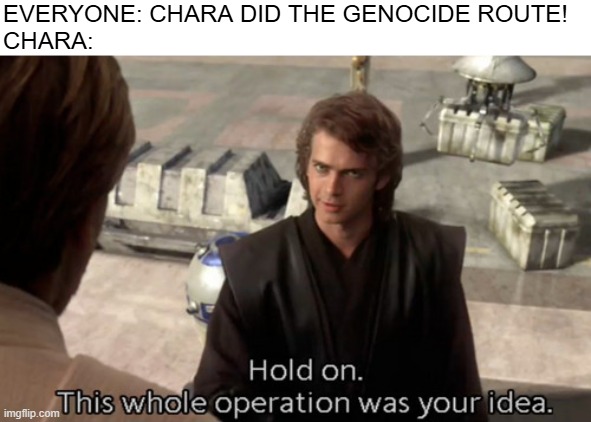 Hold on this whole operation was your idea | EVERYONE: CHARA DID THE GENOCIDE ROUTE!
CHARA: | image tagged in hold on this whole operation was your idea | made w/ Imgflip meme maker