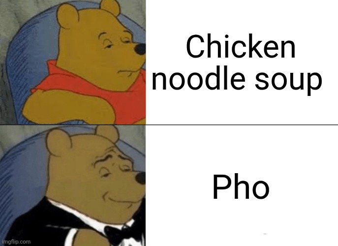 American vs Vietnamese soup | Chicken noodle soup; Pho | image tagged in memes,tuxedo winnie the pooh,soup,chicken | made w/ Imgflip meme maker