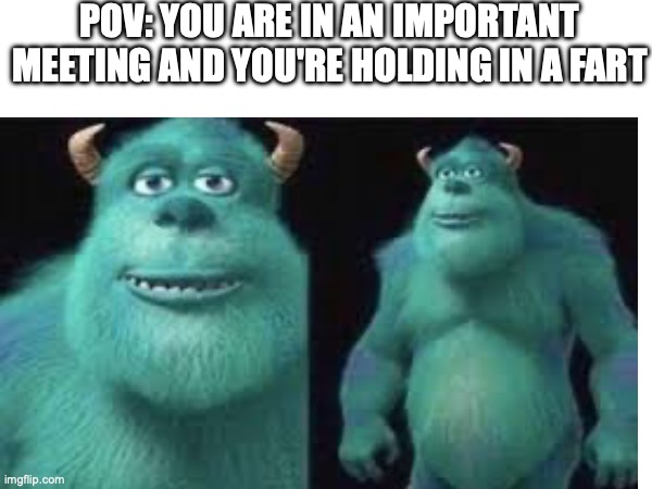 Just hold it in and it will go away | POV: YOU ARE IN AN IMPORTANT MEETING AND YOU'RE HOLDING IN A FART | image tagged in sully,fart,meeting,dank | made w/ Imgflip meme maker