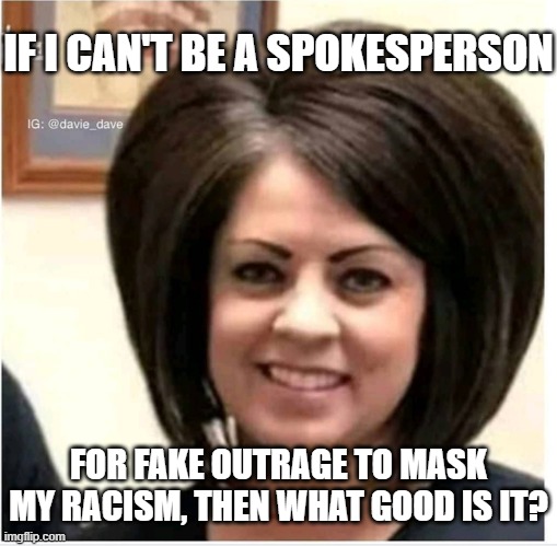 Mega Karen | IF I CAN'T BE A SPOKESPERSON FOR FAKE OUTRAGE TO MASK MY RACISM, THEN WHAT GOOD IS IT? | image tagged in mega karen | made w/ Imgflip meme maker