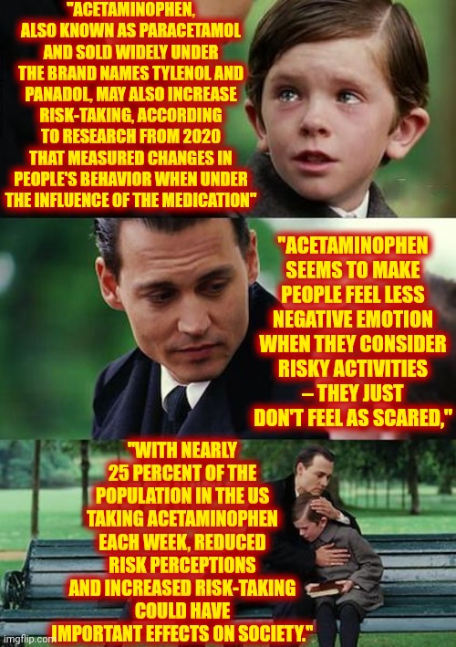 They KNOWINGLY Feed Us, AND OUR INFANTS AND CHILDREN, Poison | "ACETAMINOPHEN, ALSO KNOWN AS PARACETAMOL AND SOLD WIDELY UNDER THE BRAND NAMES TYLENOL AND PANADOL, MAY ALSO INCREASE RISK-TAKING, ACCORDING TO RESEARCH FROM 2020 THAT MEASURED CHANGES IN PEOPLE'S BEHAVIOR WHEN UNDER THE INFLUENCE OF THE MEDICATION"; "ACETAMINOPHEN SEEMS TO MAKE PEOPLE FEEL LESS NEGATIVE EMOTION WHEN THEY CONSIDER RISKY ACTIVITIES – THEY JUST DON'T FEEL AS SCARED,"; "WITH NEARLY 25 PERCENT OF THE POPULATION IN THE US TAKING ACETAMINOPHEN EACH WEEK, REDUCED RISK PERCEPTIONS AND INCREASED RISK-TAKING COULD HAVE IMPORTANT EFFECTS ON SOCIETY." | image tagged in memes,finding neverland,poison,tylenol,wake up,the great awakening | made w/ Imgflip meme maker