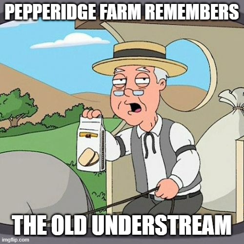 NOSTALGIA | PEPPERIDGE FARM REMEMBERS; THE OLD UNDERSTREAM | image tagged in memes,pepperidge farm remembers,sans of topic | made w/ Imgflip meme maker