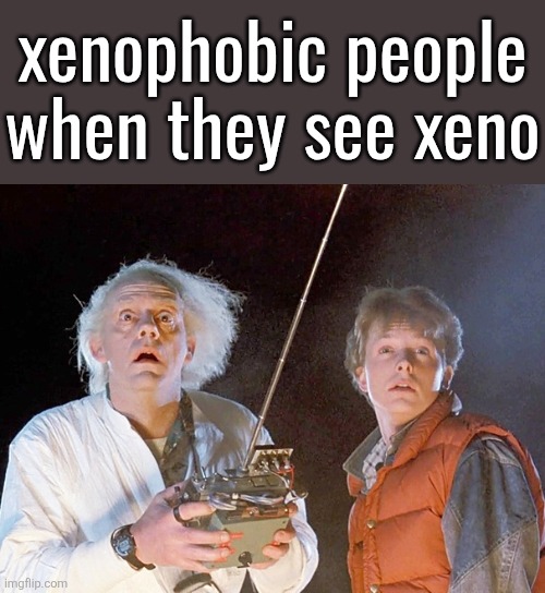 Back to the Future | xenophobic people when they see xeno | image tagged in back to the future | made w/ Imgflip meme maker