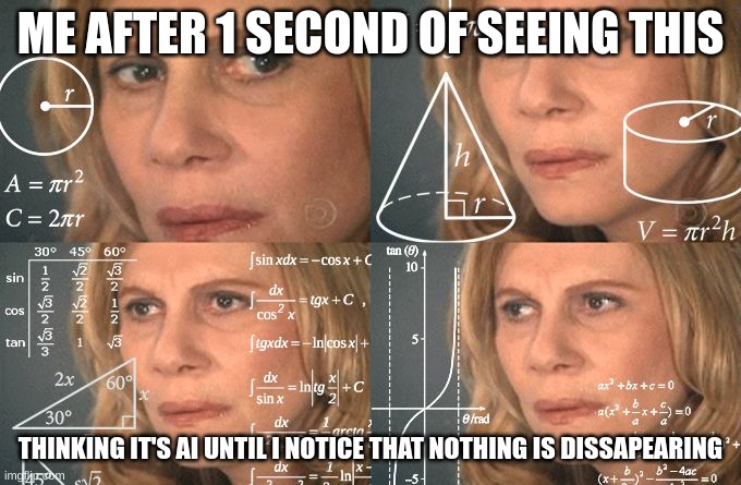 ME AFTER 1 SECOND OF SEEING THIS THINKING IT'S AI UNTIL I NOTICE THAT NOTHING IS DISSAPEARING | image tagged in calculating meme | made w/ Imgflip meme maker