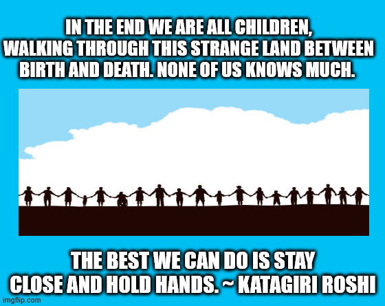 Hold Hands | IN THE END WE ARE ALL CHILDREN, WALKING THROUGH THIS STRANGE LAND BETWEEN BIRTH AND DEATH. NONE OF US KNOWS MUCH. THE BEST WE CAN DO IS STAY CLOSE AND HOLD HANDS. ~ KATAGIRI ROSHI | image tagged in make your own meme | made w/ Imgflip meme maker