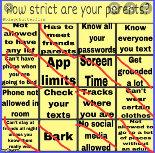 I just bypass the time limits and all that and the rest i hide | image tagged in strict parent bingo | made w/ Imgflip meme maker