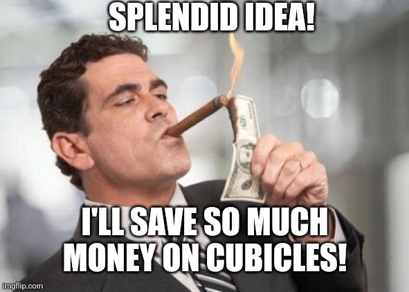rich guy burning money | SPLENDID IDEA! I'LL SAVE SO MUCH MONEY ON CUBICLES! | image tagged in rich guy burning money | made w/ Imgflip meme maker