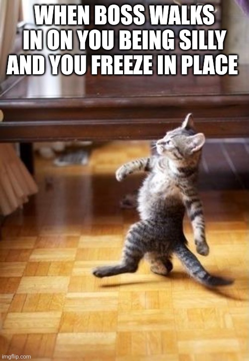 Cool Cat Stroll | WHEN BOSS WALKS IN ON YOU BEING SILLY AND YOU FREEZE IN PLACE | image tagged in memes,cool cat stroll,that's just silly cat,silly,embarrassed statue | made w/ Imgflip meme maker