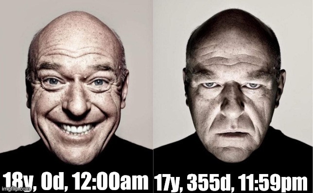 Why | 18y, 0d, 12:00am; 17y, 355d, 11:59pm | image tagged in hank | made w/ Imgflip meme maker
