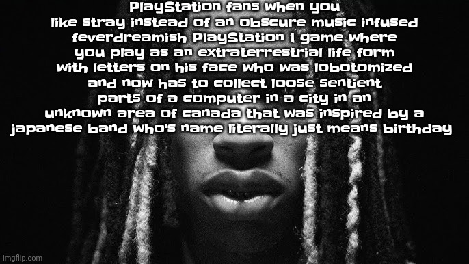 King von stare | PlayStation fans when you like stray instead of an obscure music infused feverdreamish PlayStation 1 game where you play as an extraterrestrial life form with letters on his face who was lobotomized and now has to collect loose sentient parts of a computer in a city in an unknown area of canada that was inspired by a japanese band who's name literally just means birthday | image tagged in king von stare | made w/ Imgflip meme maker