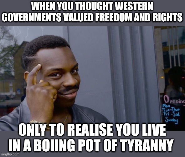 Freedom ain't free....and few are prepared to pay the price | WHEN YOU THOUGHT WESTERN GOVERNMENTS VALUED FREEDOM AND RIGHTS; ONLY TO REALISE YOU LIVE IN A BOIING POT OF TYRANNY | image tagged in memes,roll safe think about it | made w/ Imgflip meme maker