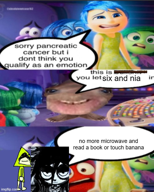sorry pancreatic cancer but I don’t think you qualify as an emot | six and nia; no more microwave and read a book or touch banana | image tagged in sorry pancreatic cancer but i don t think you qualify as an emot | made w/ Imgflip meme maker