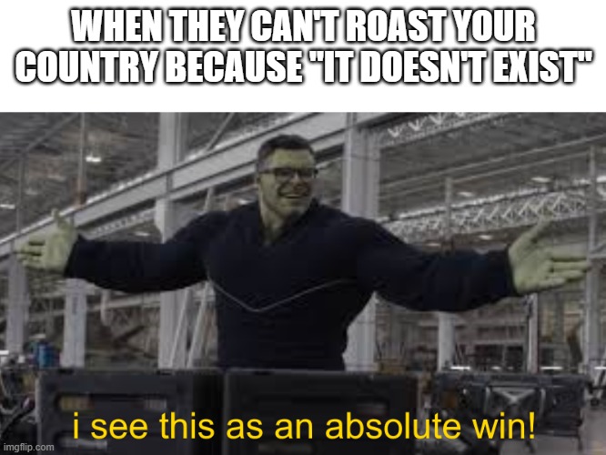 I saw someone trying to roast Israel, but they couldn't because it "Isn't real". | WHEN THEY CAN'T ROAST YOUR COUNTRY BECAUSE "IT DOESN'T EXIST" | image tagged in endgame hulk i see this as an absolute win,memes,israel,palestine | made w/ Imgflip meme maker