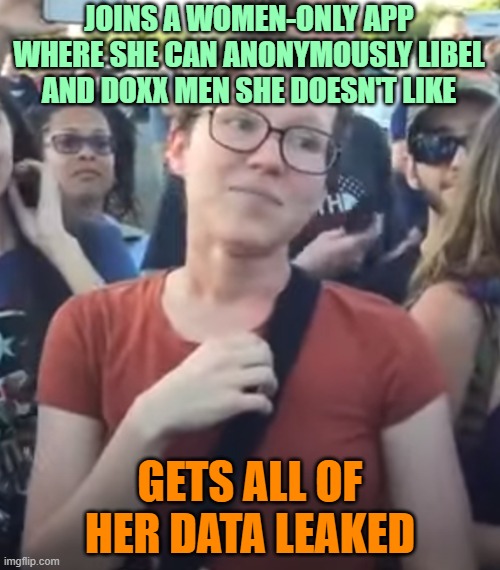 Smug Feminist | JOINS A WOMEN-ONLY APP WHERE SHE CAN ANONYMOUSLY LIBEL AND DOXX MEN SHE DOESN'T LIKE; GETS ALL OF HER DATA LEAKED | image tagged in smug feminist,memes,women,tea,app,dating | made w/ Imgflip meme maker
