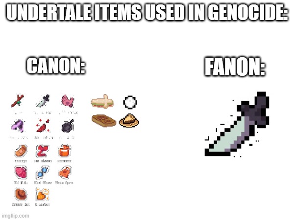 sorry for bad editing | UNDERTALE ITEMS USED IN GENOCIDE:; CANON:; FANON: | made w/ Imgflip meme maker