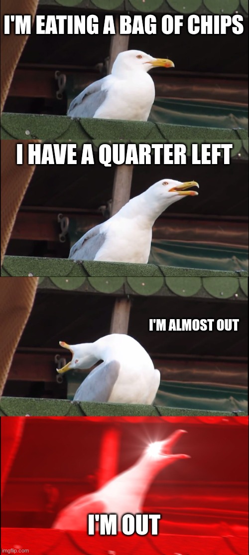 Inhaling Seagull Meme | I'M EATING A BAG OF CHIPS; I HAVE A QUARTER LEFT; I'M ALMOST OUT; I'M OUT | image tagged in memes,inhaling seagull | made w/ Imgflip meme maker