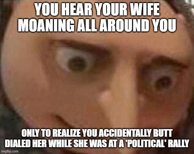She's clearly lying to you about something... | YOU HEAR YOUR WIFE MOANING ALL AROUND YOU; ONLY TO REALIZE YOU ACCIDENTALLY BUTT DIALED HER WHILE SHE WAS AT A 'POLITICAL' RALLY | image tagged in gru meme | made w/ Imgflip meme maker