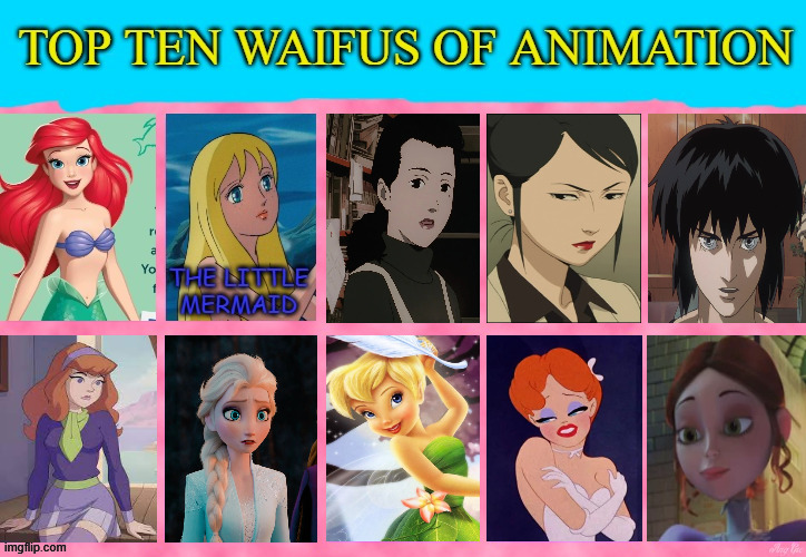 top ten waifus of animation | image tagged in top ten waifus of animation,fairy tales,classic movies,redheads,cartoons,cinema | made w/ Imgflip meme maker