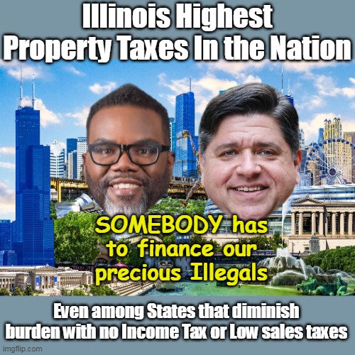 With all the shootings there? Can't believe they haven't been taken out | Illinois Highest Property Taxes In the Nation; SOMEBODY has to finance our precious Illegals; Even among States that diminish burden with no Income Tax or Low sales taxes | image tagged in illinois highest property tax in nation meme | made w/ Imgflip meme maker