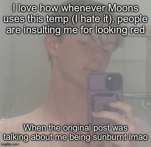 Virian | I love how whenever Moons uses this temp (I hate it), people are insulting me for looking red; When the original post was talking about me being sunburnt lmao | image tagged in virian | made w/ Imgflip meme maker