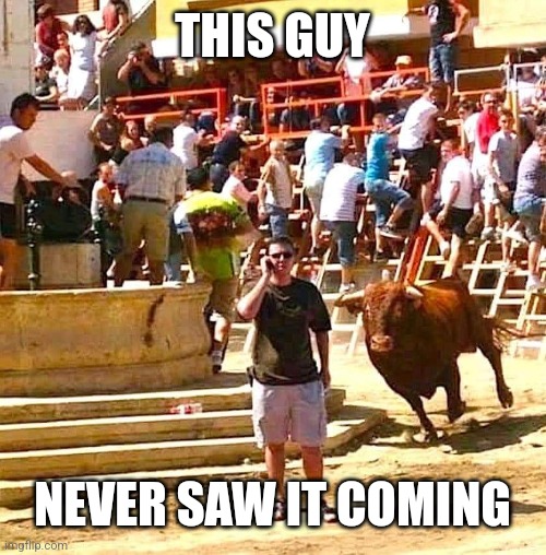 Bull charging | THIS GUY NEVER SAW IT COMING | image tagged in bull charging | made w/ Imgflip meme maker