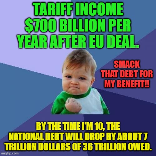 Success Kid | TARIFF INCOME $700 BILLION PER YEAR AFTER EU DEAL. SMACK THAT DEBT FOR MY BENEFIT!! BY THE TIME I'M 10, THE NATIONAL DEBT WILL DROP BY ABOUT 7 TRILLION DOLLARS OF 36 TRILLION OWED. | image tagged in memes,success kid | made w/ Imgflip meme maker