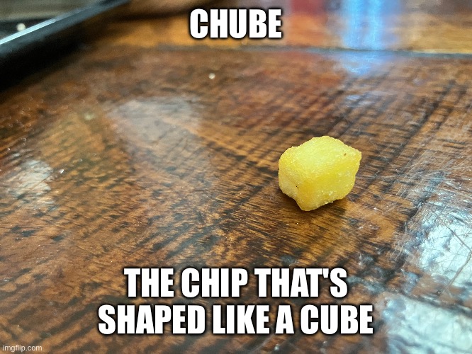 Chube, The Chip That's Shaped Like A Cube | CHUBE; THE CHIP THAT'S SHAPED LIKE A CUBE | image tagged in play on words,stupid humor,chube,chips,fries,i hate tagging | made w/ Imgflip meme maker