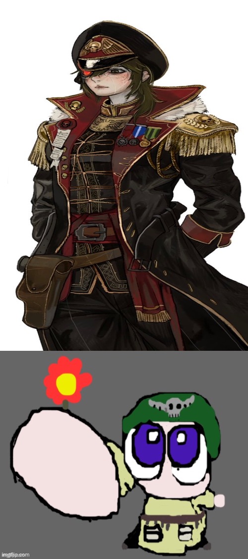 When the commissar kills half your platoon but she is lowkey a baddie | image tagged in why sad,have flower,memes,shitpost,warhammer40k,drawing | made w/ Imgflip meme maker