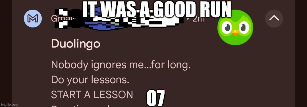 O7s in chat | IT WAS A GOOD RUN; O7 | image tagged in duolingo,german you vermin,sand undertable of topic | made w/ Imgflip meme maker